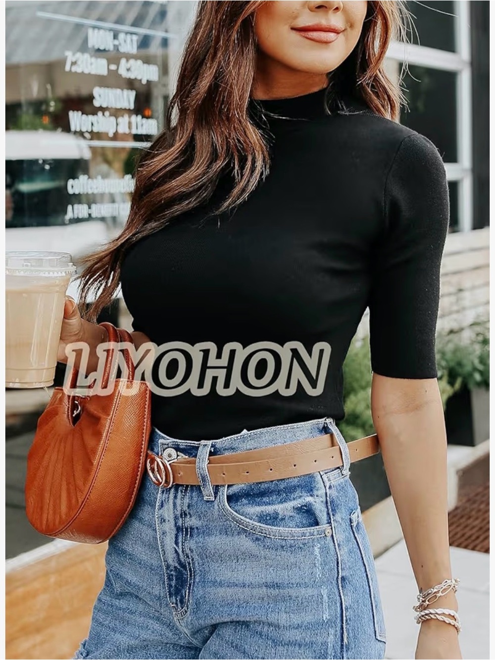 Women's Black Mock Neck Elbow-Sleeve Top